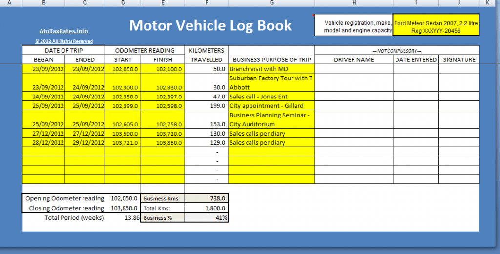 ATO compliant motor vehicle log book excel template