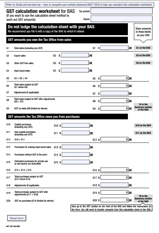 GST calculation worksheet