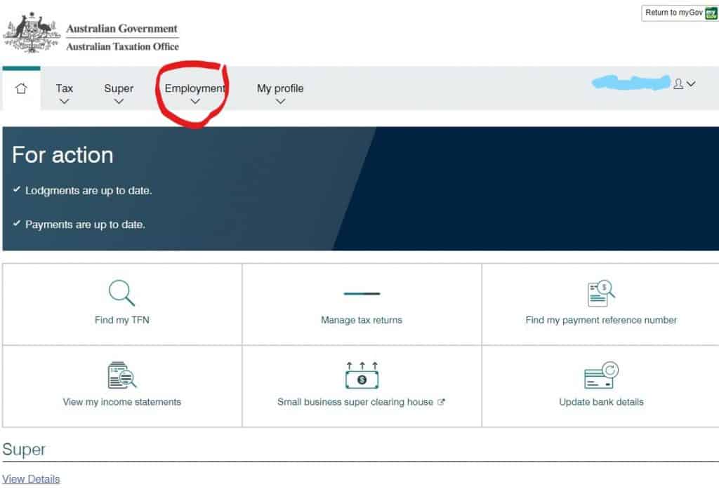 Employment tab on myGOV menu