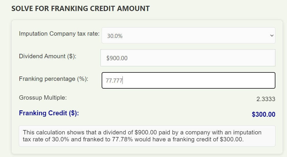 This is an image of the franking credit calculator using the sample dividend notice from the ATO's website
