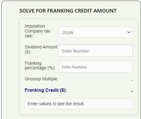 Image of a franking credit calculator. Enter dividend amount to calculate a franking credit.